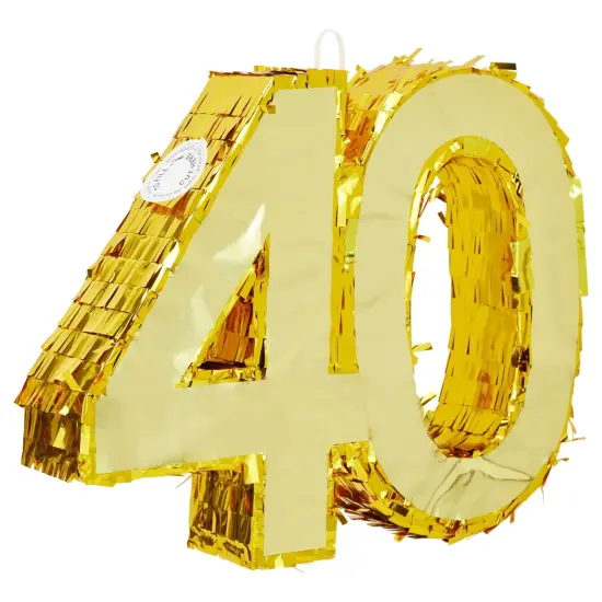 Gold Foil Number 40 Pinata for 40th Birthday Party Decorations, Centerpieces, Anniversary Celebrations (Small, 16.5 x 3 x 13 In) {1}