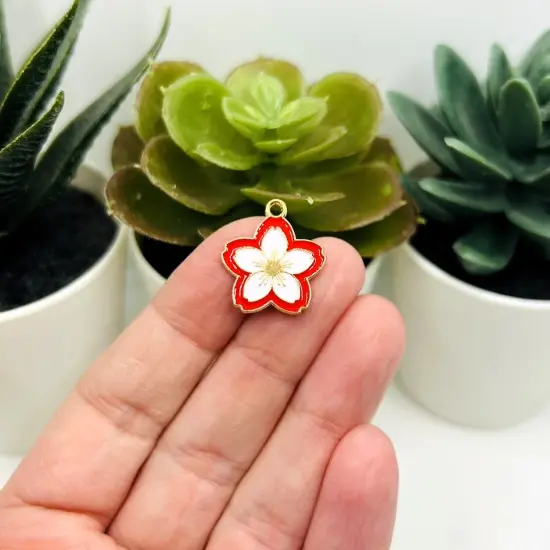 1, 4, 20 or 50 Pieces: Red and White Enamel Flower Charms {3}