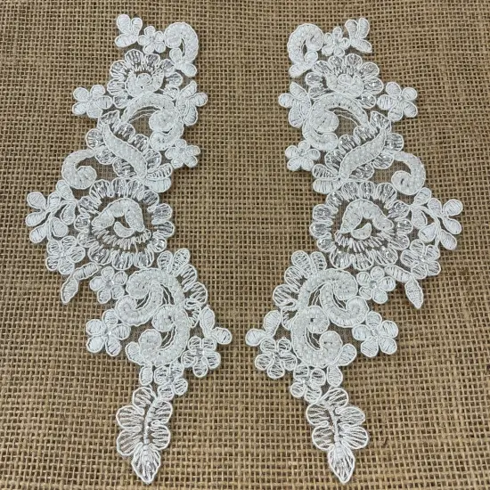 1 Pair 9" x 3" Each Side Beaded & Corded Floral Lace Applique Organza Rose Gold {7}