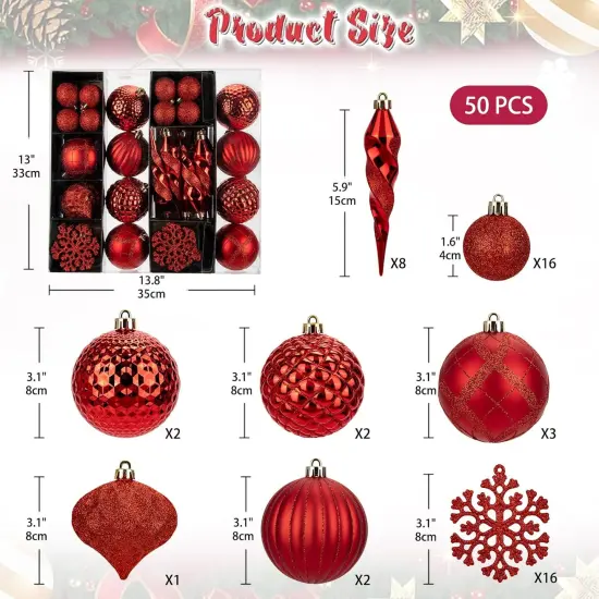 50PCS Christmas Tree Ornaments Set with Shatterproof Balls Icicle Snowflake Hanging Ornaments for Home Office Farmhouse Christmas Decorations, Red {4}