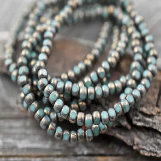 *50* 4x3mm Bronze Washed Turquoise Trica Beads {2}