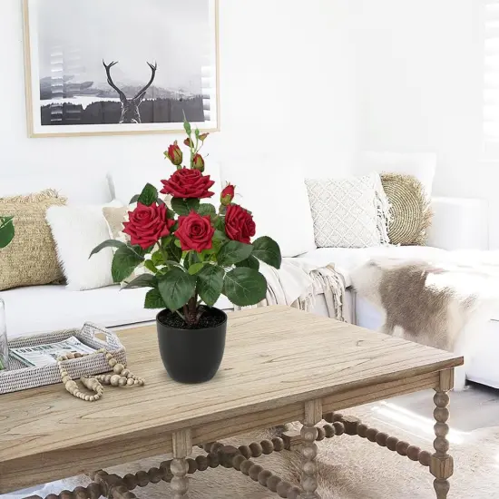 Artificial Plants & Flowers in Vase Red Roses Artificial Flowers Potted Plant Faux Silk Flower with Black Pot Fake Rose Flower Arrangement Home Decor Bathroom Shelf Desk Decoration 15 Inch {3}