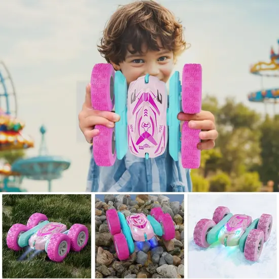 Remote Control Car for Girls, RC Cars with Headlights Double-Sided Driving 360&deg; Flips Rotating for Kids Ages 4-7 8-12 Year Old, RC Stunt Car Toys for Boys and Girls Birthday Gift Pink {3}