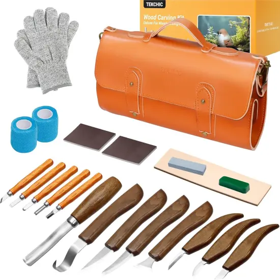 Wood Carving Kit Deluxe, 23Pcs Wood Carving Tools Updated, Whittling Knife Kit, Wood Carving Knife Set for Beginners, Wood Carving Knives with Large Leather Case {1}