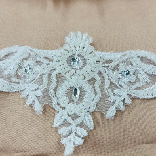 Beaded Lace Applique Embroidered on 100% Polyester Net Mesh 16" x 3.5" Ivory {3}