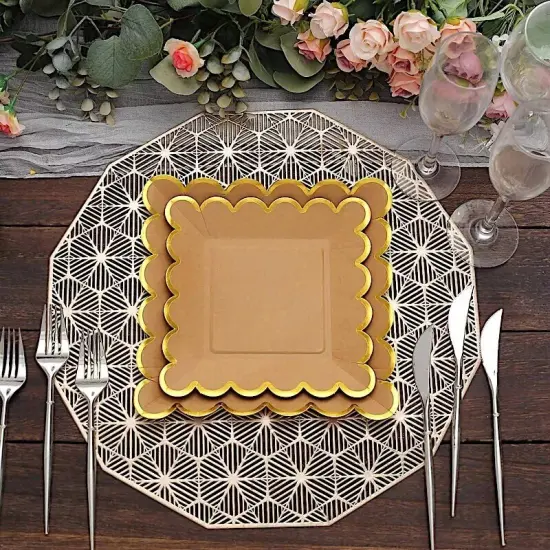 25 Natural 7" Square Disposable Salad Paper PLATES Gold Scalloped Trim Party {4}
