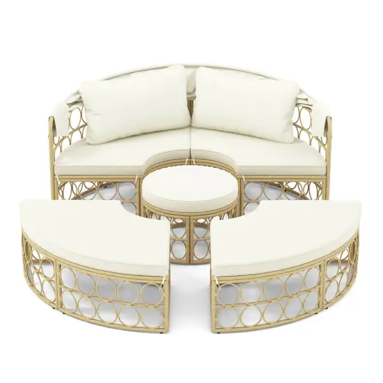 Costway Outdoor Patio Round Daybed with Retractable Canopy Soft Cushions for Garden White {2}