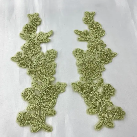 1 Pair Beaded & Corded Floral Lace Applique 10" x 2" Each Side Sage {1}