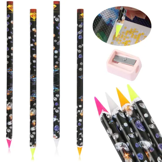 4 Pcs Diamond Art Pen Rhinestone Picker Pencil Point Drill Pen Self Adhesive Resin Picker Dotting Wax Pencil Gem Pick up Tools for Art DIY Decoration with Pencil Sharpener {1}