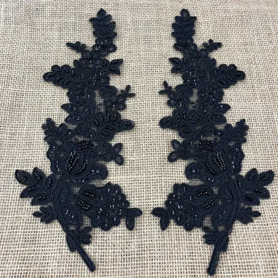 1 Pair Beaded & Corded Floral Lace Applique 100% Polyester Net Mesh 12" X 3.5" Each Side Black Color {1}