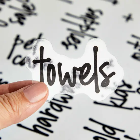 Talented Kitchen 136 Garage Labels for Storage Bins - Preprinted Black Script on Clear Household Stickers for Organizing Totes, Containers, and Boxes (Water Resistant) {6}