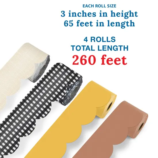 Carson Dellosa 260Ft Honey Bee Fall Bulletin Board Borders, 4Pack Scalloped Brown, Yellow, Linen, Gingham Bulletin Board Border for Bulletin Board, Modern Farmhouse Décor, Fall Décor, Classroom Décor {2}
