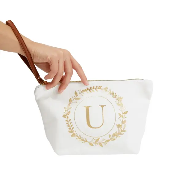 Gold Initial U Personalized Makeup Bag for Women, Monogrammed Canvas Cosmetic Pouch (White, 10 x 3 x 6 In) {3}