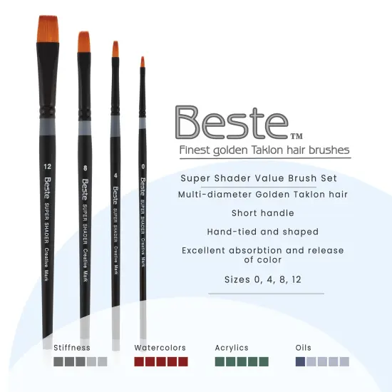 Creative Mark Beste Golden Taklon Super Shader Set of 4 Artist Brushes, Professional Watercolor Brushes, For Acrylic Painting, Short Handle, Sharp Edges, Hand-Tied & Shaped {3}