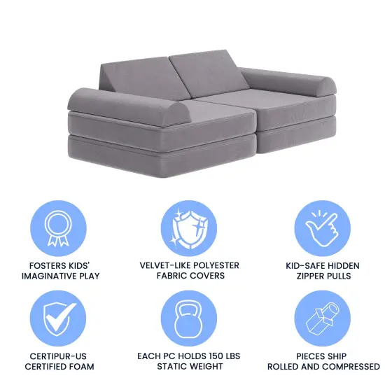 Emma and Oliver Conner Modular Play Couch for Kids with Convertible 6-Piece Design and Soft Foam Cushions Gray {4}