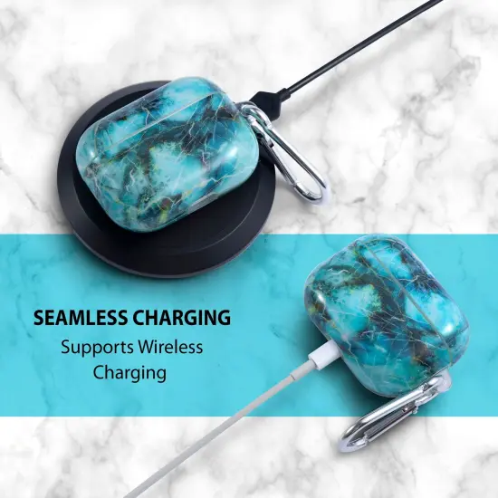Marble Case Compatible with Airpods Pro, Glossy Soft TPU Protective Smooth Cover with Portable Keychain, Supports Wireless Charging, Shockproof & Anti-Scratch, Shinny Green Marble by Insten {3}