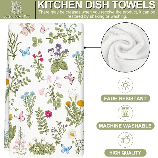 Vintage Wildflower Butterfly Kitchen Towel Green Wild Floral Dish Towel 18 x 28 Inch Hand Drying Tea Towel for Spring Cooking Baking Party Supplies, 2Pcs {2}