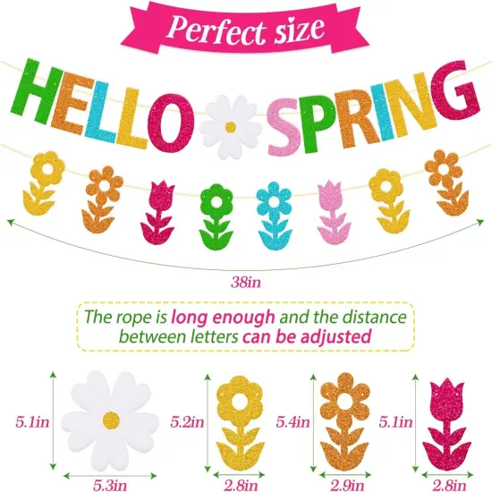 Hello Spring Banner Welcome Spring Party Decorations with Bouquet of Flowers Garland for Kids Boy Girl Celebrate Happy Spring Colorful Glitter Party Supplies {2}