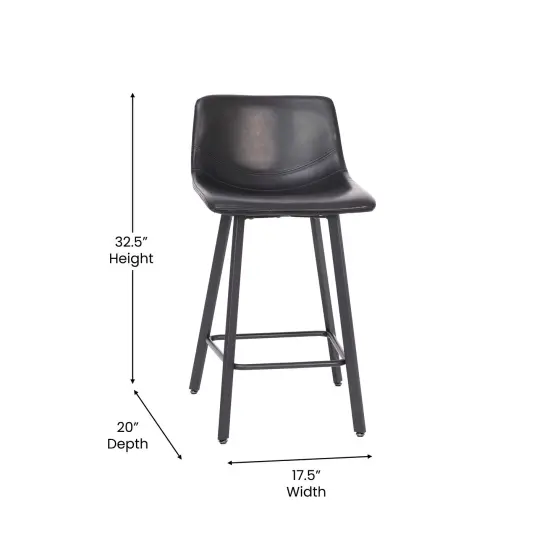 Merrick Lane Oretha Set of 2 Modern Upholstered Stools with Contoured, Low Back Bucket Seats and Iron Frames Black Faux Leather {5}