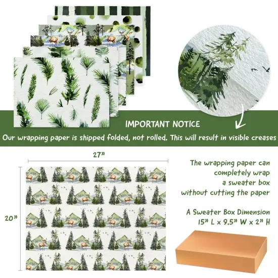 Wrapables Christmas Holiday Gift Wrap Paper Sheets Folded Flat 20L x 27W inches (12 Sheets), Green Nature {2}