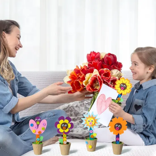 Mother's Day Spring Felt Flower Craft Kits - 16 Pack Make Your Standing Flowers Gift Crafts with Buttons Flower Pot Decor {4}