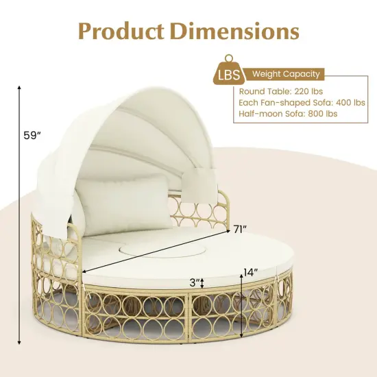 Costway Outdoor Patio Round Daybed with Retractable Canopy Soft Cushions for Garden White {9}