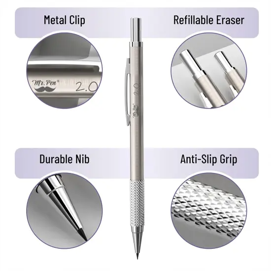 Metal Mechanical Pencil Set in Leather Case, 5 Sizes, 0.3, 0.5, 0.7, 0.9, 2mm, mechanical pencils, Sketching Pencils, Drafting Pencil {5}