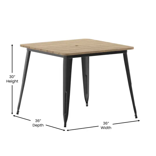 Merrick Lane Dryden Indoor/Outdoor Dining Table with Umbrella Hole, 36" Square All Weather Poly Resin Top and Steel Base BrownTop/BlackFrame {5}