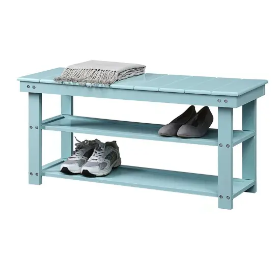 Wooden Shoe Rack Bench with Two Storage Shelves and 2-Seater Design for Entryway or Hallway Sea Foam Aqua Blue {1}