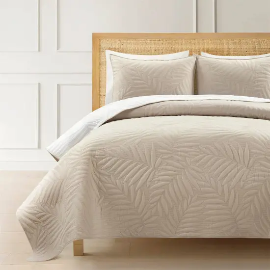White-Beige Cotton Reversible Quilt Set with Embroidered Fern Leaf Design {1}