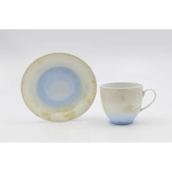 Ceramic Crystalline Glaze Light Amber with Sky Blue Cup and Saucer, Afternoon Tea, Kitchen Decor, Gift for Her {3}