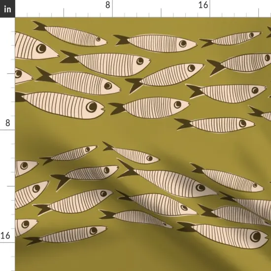 Various Fabrics by the Yard or Fat Quarter Swimming Fish Mid Century Retro Large Scale Vintage Olive Green Backsplash Fishing Custom Printed Fabric by Spoonflower {2}