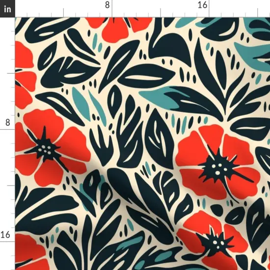 Various Fabrics by the Yard or Fat Quarter Bold Floral Retro Flowers Playful Botanical Garden Large Scale Dark Leaves Linocut Hand Drawn Vintage Poppies Poppy Red Green Blue Custom Printed Fabric by Spoonflower {2}
