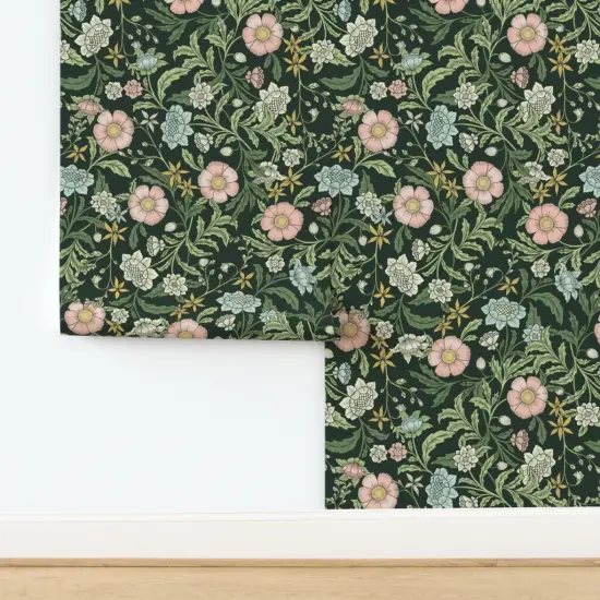 Pre-Pasted Wallpaper 2FT Wide Dark Green Botanical Vines Pink Blue Flowers Moody Hand Drawn Traditional Custom Pre-pasted Wallpaper by Spoonflower {2}