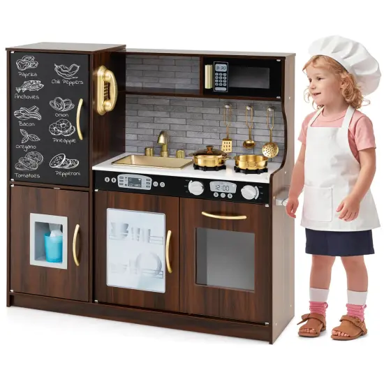 Costway Kid's Pretend Play Kitchen Toddler Kitchen Playset with Blackboard Pink/White/Light Pink/Beige {11}