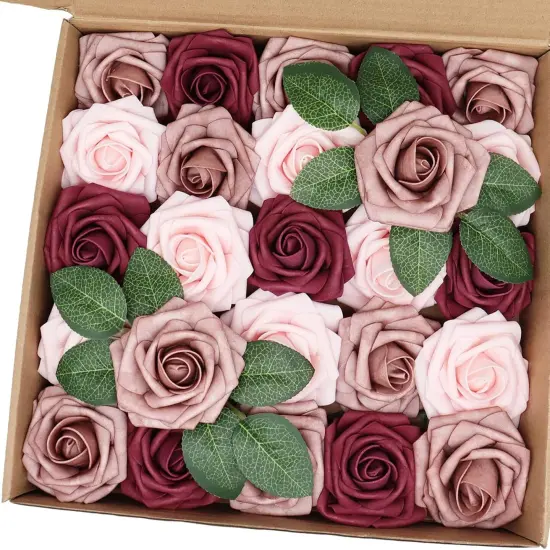 Artificial Flowers 25PCS Real Looking Blush & Dusty Rose & Burgundy Fake Roses {1}
