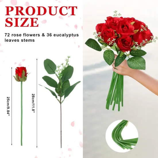 108 Pcs Artificial Silk Rose Bouquet Flowers - Red {3}