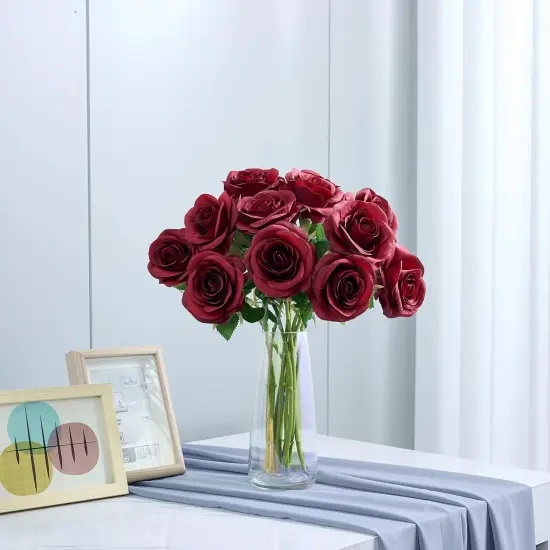 12pcs Roses Artificial Flowers Fake Roses Burgundy Silk Roses Wine Red Silk Flowers Rose with Long Stems {3}