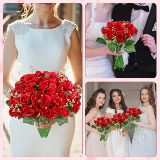 108 Pcs Artificial Silk Rose Bouquet Flowers - Red {4}