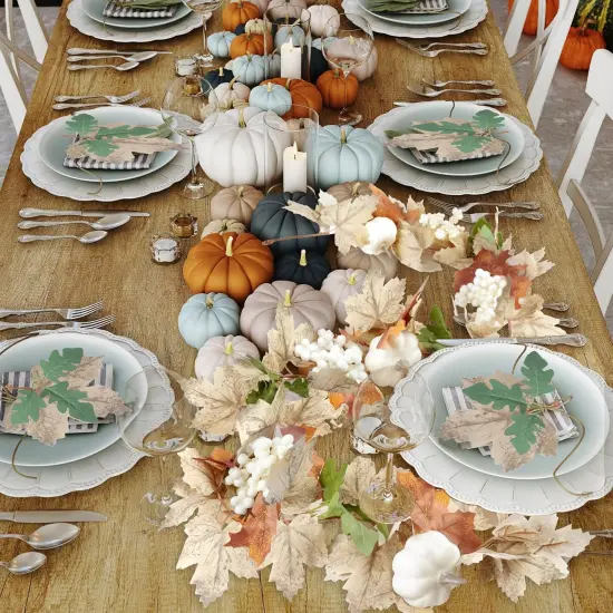 (2 PCS) -Fall Maple Leaf Garland with White Pumpkins Clusters {5}