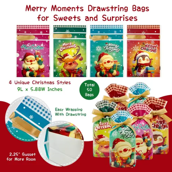 Wrapables Christmas Drawstring Treat Bags for Candy, Cookies, Treats, Gifts and Party Favors (50pcs), Festivity {2}