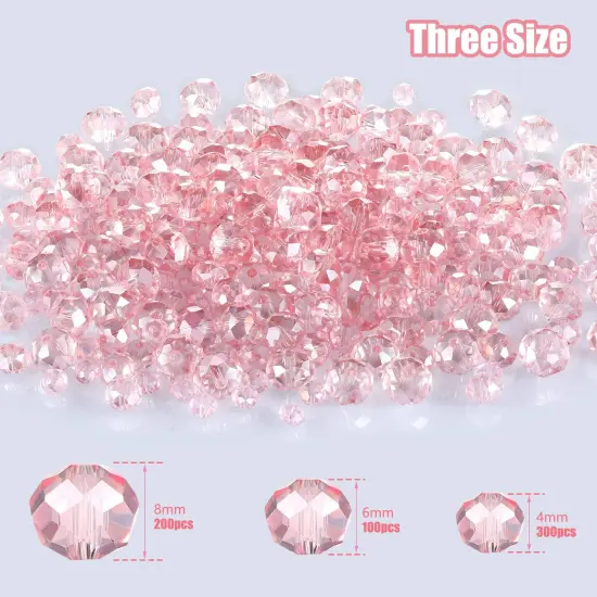 600 Pcs Crystal Glass Beads for Jewelry Making Bulk Faceted Gemstone Rondelle Loose Beads for Bracelet DIY Crafts 8 mm, 6 mm, 4 mm(Pink AB Color) {6}