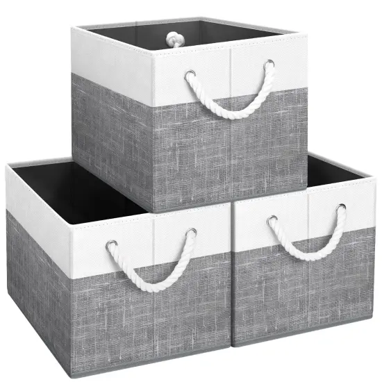 Fab totes Storage Bins [3-Pack], Foldable Storage Baskets for Organizing Toys, Books, Shelves, Closet, Large Storage Box with Rope Handles, Sturdy Organizer Bins, White & Grey {1}