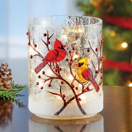 Collections Etc Hand Painted LED Lighted Cardinals Glass Tabletop Hurricane {1}