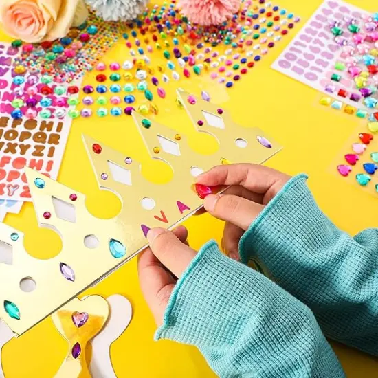 63 pcs Paper Crowns Princess Prince Crown Kids Birthday Party King Hats Gold gem Jewels Number Letter Stickers {3}