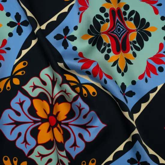 1 Yard Midnight Navy Mint Country Blue Floral Tiles Silk Charmeuse Print, 53 Inches Width {2}