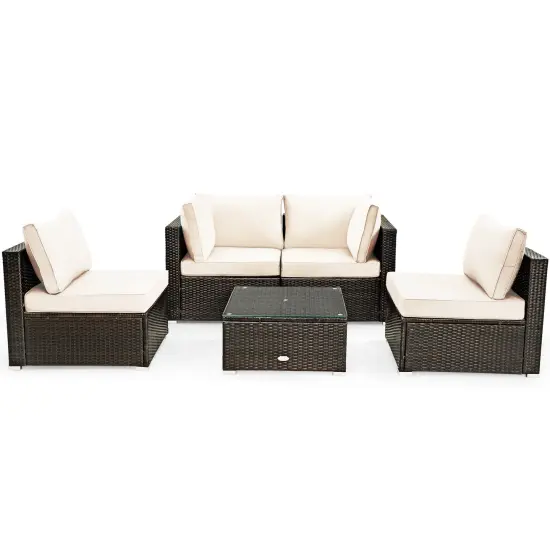 5 Pieces Cushioned Patio Rattan Furniture Set with Glass Table Black {10}