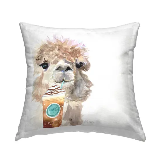 Alpaca Sipping Latte Design by Jennifer Redstreake Throw Pillow  {1}