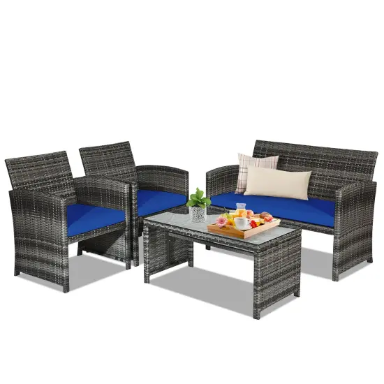 4 Pieces Patio Rattan Furniture Set with Glass Table and Loveseat Black {7}