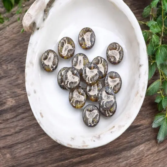 *15* 12mm Platinum Washed Green Amber Picasso Bird Coin Beads {4}